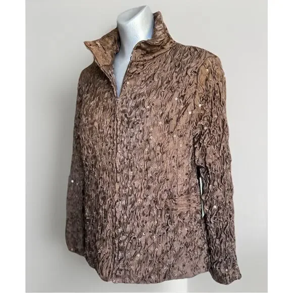 Bronze Textured Crinkle Jacket Petite Large Fall Chic Metallic Sequin Statement - Picture 7 of 13